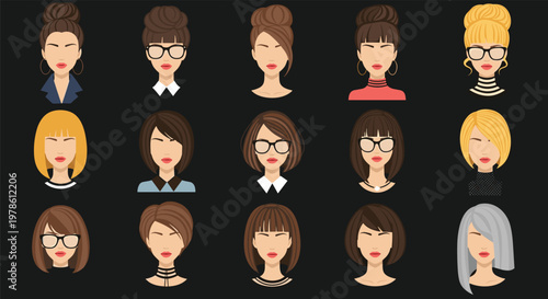 Large collection of female face avatars with different hair colors, hairstyles, and fashion glasses is arranged on a solid dark background.