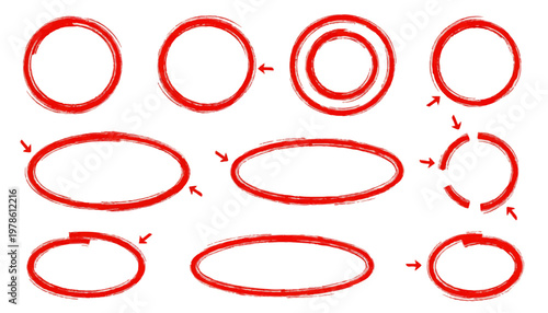 Set of hand-drawn red circles and ellipses, with arrows indicating connections, divisions, and emphasis, on a white background