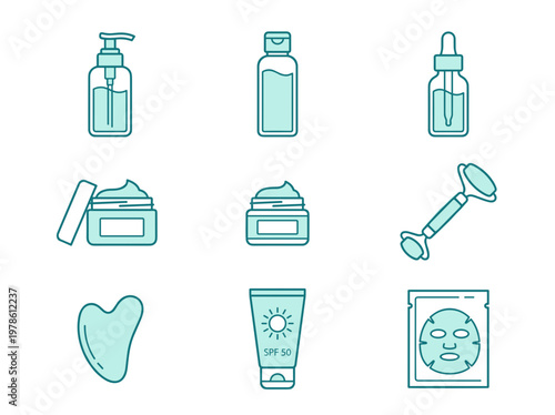 Skincare routine icons set: facial cleanser, toner, serum, moisturizer jar, and gua sha stone