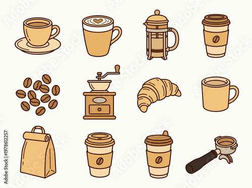 Coffee shop icons collection: espresso cup, latte, french press, grinder, and croissant on white