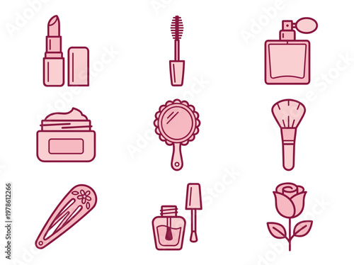Skincare beauty product icons: cleanser, serum, moisturizer, face roller, and gua sha on white background