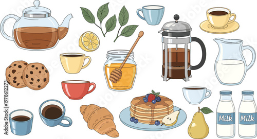 Assortment of breakfast and beverage items including pancakes, croissants, cookies, tea, coffee, milk, and honey, set against a clean white background.