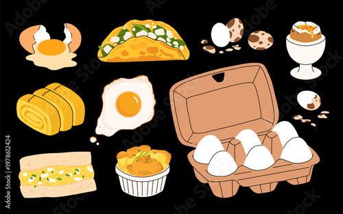 Set of different eggs. Stages of cooking scrambled eggs. Packaging with yolk and protein, shell. Natural and organic products. Cartoon flat vector collection isolated on black background