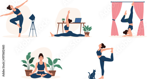 Collection of women practicing various yoga and ballet poses indoors, including meditation, splits, and handstands, promoting wellness.
