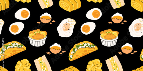 Egg dishes icons dark background, scrambled eggs, fried egg, soft boiled, tamagoyaki, omelette wrap, sandwich, breakfast food illustration seamless pattern