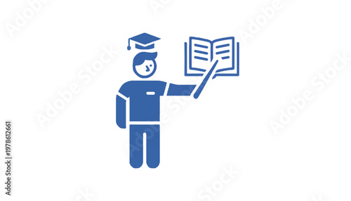 A blue illustration of a person wearing a graduation cap and holding a pointer stick towards an open book, representing education and learning