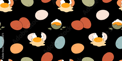 Colorful eggs seamless pattern on dark background, cracked egg yolk, multi color easter farm eggs repeat texture fabric print