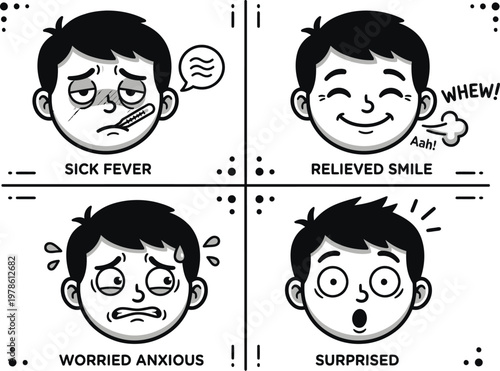 Cartoon healthcare worker shows expressive faces with different emotions.