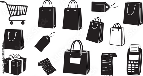Shopping icons and bags on white background