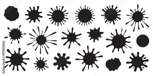 Set of Black Ink Splats and Abstract Paint Blobs on White Background