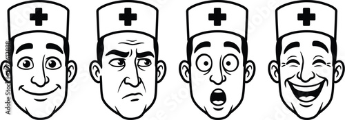 Cartoon healthcare worker expressive faces wearing surgical masks in a row