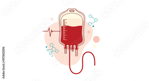Detailed illustration of a blood bag for medical transfusion is surrounded by molecular structures and a heartbeat line on a soft background.