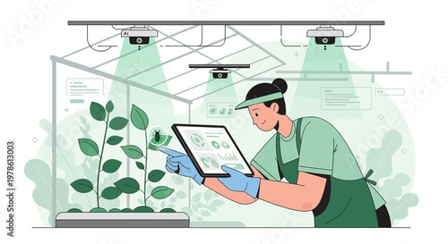 Modern agriculture implementing advanced technology, analyzing plant data with AI systems in a