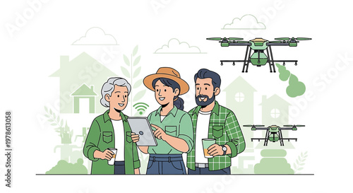 Modern agriculture revolution family using farm drones with tablet for eco smart farming