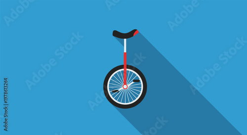 Red unicycle with a black seat is shown from a side view against a vibrant blue background with a long shadow in a flat design style.