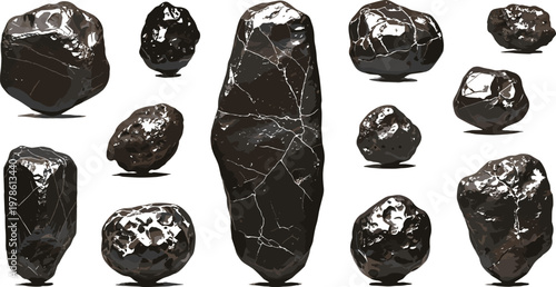 Set of black shiny coal pieces, rough obsidian stones, and dark meteorite rocks isolated on white background for graphic design.