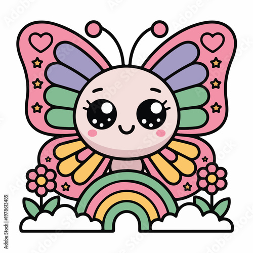 Colorful cartoon butterfly with rainbow and flowers on white background