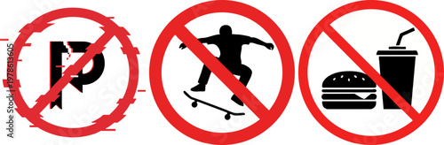 Set of prohibition signs for parking skateboarding food and drink