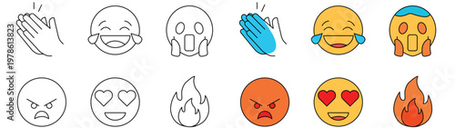 Collection of Outline and Filled Emojis, Representing Different Emotions and Reactions Such As Joy, Anger, and Love