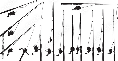 Fishing Rods and Reels in Various Positions Displayed