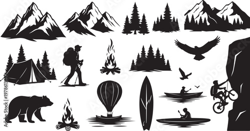 Outdoor Adventure Icons and Nature Silhouette Symbols