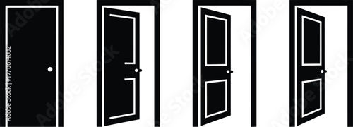 Door icons set, open close and ajar door collection in flat style featuring entrance door symbols for interface design navigation and architectural graphics.