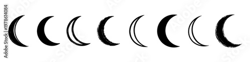 Crescent moon shape set. Collection of hand drawn lunar phases with smooth and rough styles and minimalist composition