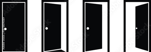 Door icons set, open close and ajar door collection in flat style featuring entrance door symbols for interface design navigation and architectural graphics.