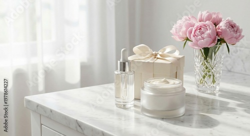 Skincare products and pink peonies on marble bathroom vanity