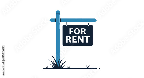 Wooden real estate sign with For Rent text in white capital letters is placed in a grassy field against a minimalist blue and white sky.