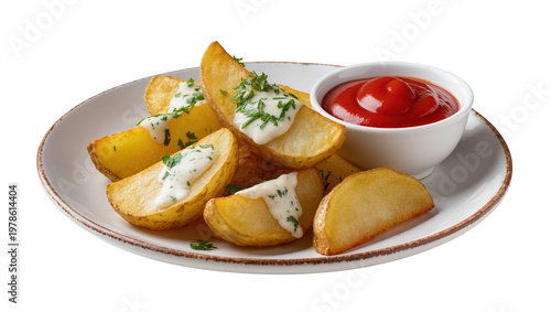 Fotografie Golden potato wedges with creamy sauce and ketchup, isolated on transparent back