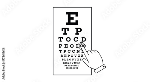 Outline illustration of a hand pointing a finger at a specific letter on a Snellen eye chart for vision testing and ophthalmology use.