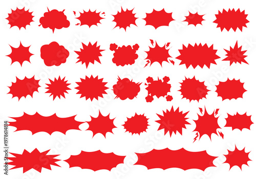 Comic explosion speech bubble vector shapes, speech bubble silhouettes, starburst designs in black. Ideal for graphic design, comic book art, pop art, and digital illustrations