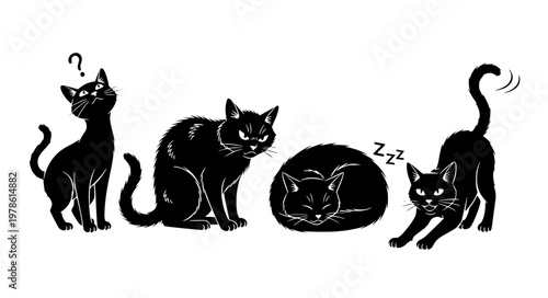 Cat Expression Silhouette Vector with Curious Angry and Sleepy Poses