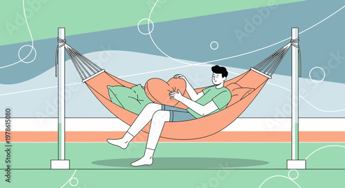Man Relaxing in Hammock Holding Heart Pillow, Summer Leisure Illustration