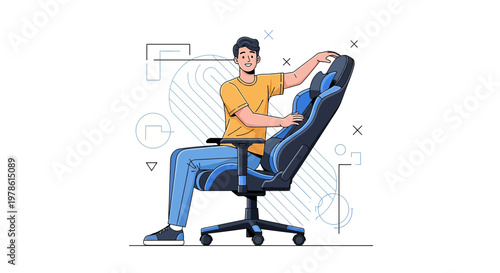 Man relaxing on ergonomic gaming chair against minimal geometric background design