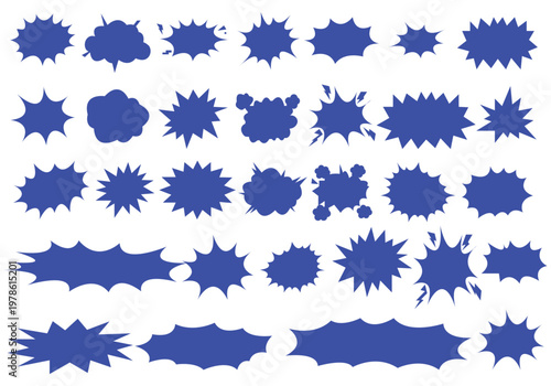 Comic explosion speech bubble vector shapes, speech bubble silhouettes, starburst designs in black. Ideal for graphic design, comic book art, pop art, and digital illustrations