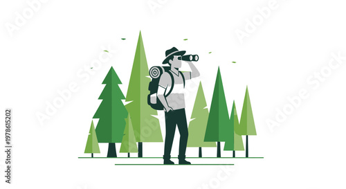 Man with binoculars exploring forest, graphic vector illustration for outdoor adventure travel