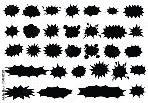 Comic explosion speech bubble vector shapes, speech bubble silhouettes, starburst designs in black. Ideal for graphic design, comic book art, pop art, and digital illustrations