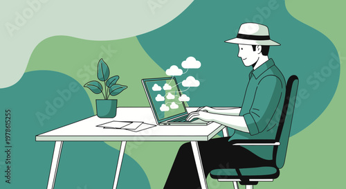 Man working remotely with cloud data on a laptop in a calm green environment promoting work life