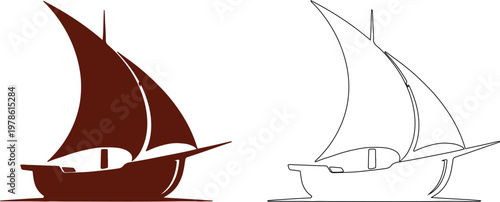 Brown silhouette and outline of a sailing ship