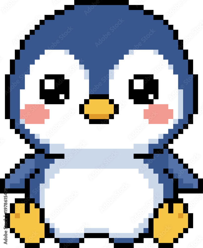 Fototapeta premium Cute penguin pixel art character on white background illustration