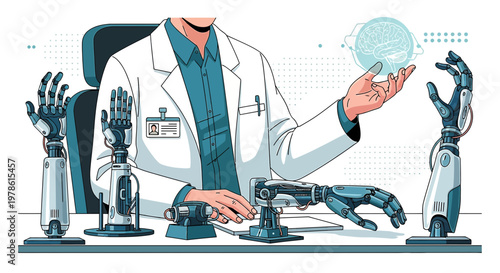 Medical engineer working on futuristic robotic prosthetics and brain interface technologies