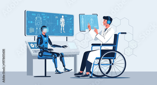 Medical professional consults with humanoid robot analyzing diagnostics in futuristic clinic