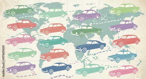 Vintage Cars Scattered Across World Map Illustration.
