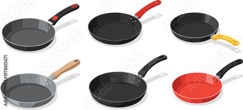 Frying Pan Vector Set with Nonstick Skillets in Different Colors and Handles for Cooking Kitchenware Food Preparation and Culinary Illustration Design