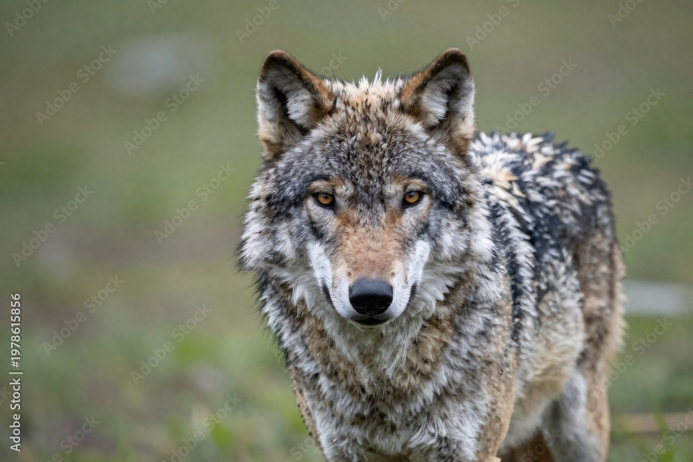 Fototapeta premium Close up portrait of a gray wolf with attentive gaze in the wilderness