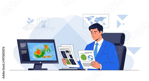 Meteorologist analyzing weather data, global insights and environmental changes insights