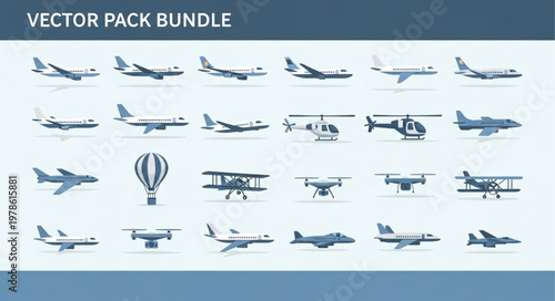 Collection of various aircraft and aerial vehicles vector illustrations.