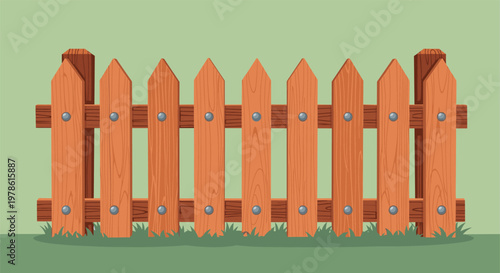 Traditional brown wooden picket fence with silver nail heads stands on a lush green lawn against a soft light green background.